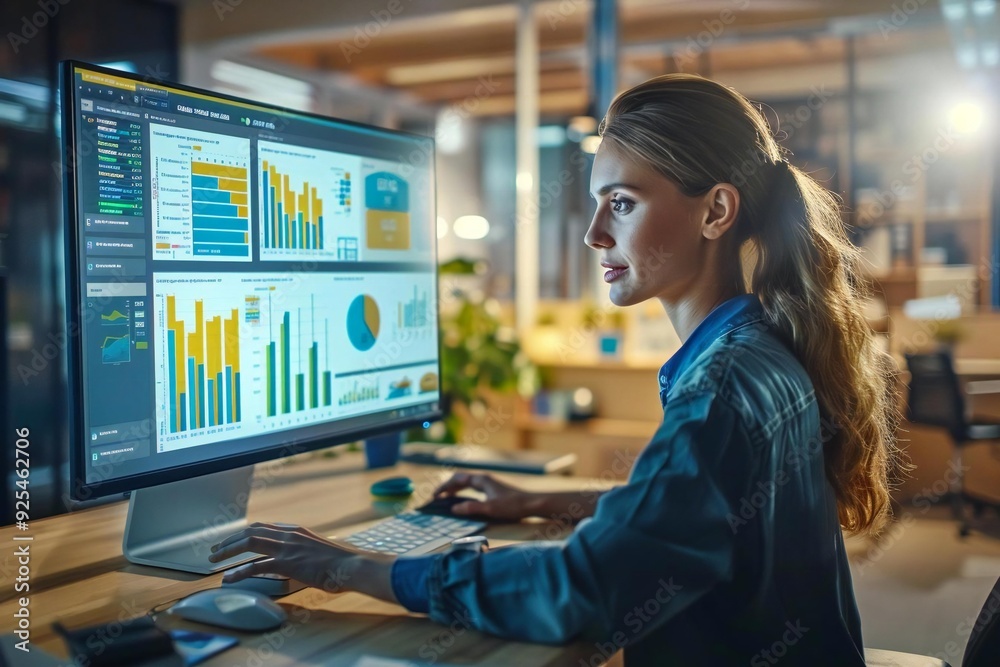 professional woman analyzing KPI data on a computer screen in a modern ...