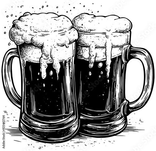 Two mugs of frothy beer illustration, isolated 