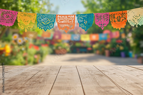 string of colorful papel picado banners decorates an outdoor festive scene with a wooden table in the foreground