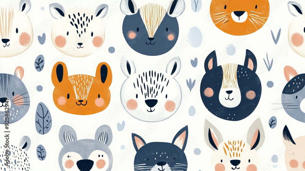 A seamless pattern featuring funny animal faces in a creative Scandinavian style. Ideal for fabric, wrapping, textiles, wallpaper, and apparel. Vector illustration. A seamless pattern featuring funny animal faces in a creative Scandinavian style. Ideal for fabric, wrapping, textiles, wallpaper, and apparel. Vector illustration.