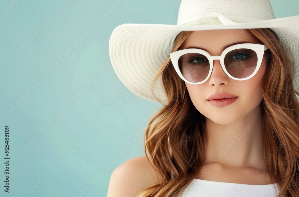 Stylish Woman in Wide-Brimmed Hat and Chic Sunglasses Posing Against a Soft Blue Background Stylish Woman in Wide-Brimmed Hat and Chic Sunglasses Posing Against a Soft Blue Background
