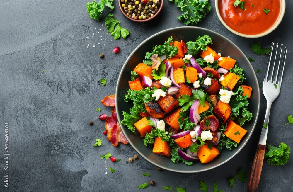 Colorful Kale Salad With Butternut Squash, Bacon, and Pine Nuts on Gray Table Colorful Kale Salad With Butternut Squash, Bacon, and Pine Nuts on Gray Table