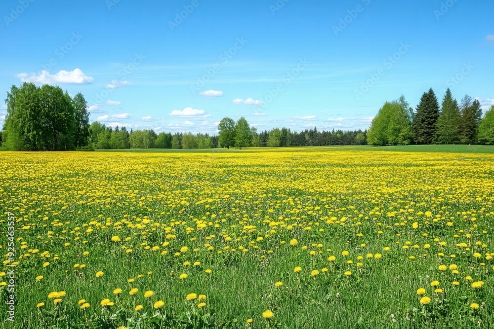Fototapeta premium A vivid spring meadow filled with yellow dandelions under a bright blue sky.