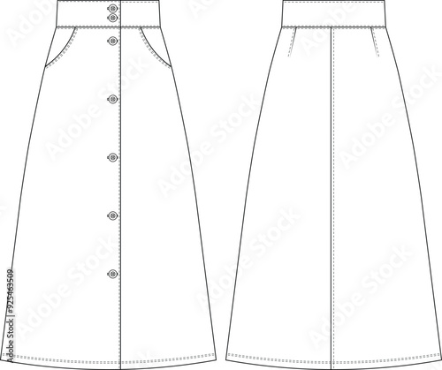 buttoned darted  a line flared midi long maxi skirt denim jean template technical drawing flat sketch cad mockup fashion woman design style model
