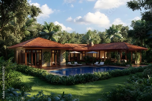 Tropical Villa with Pool and Lush Greenery