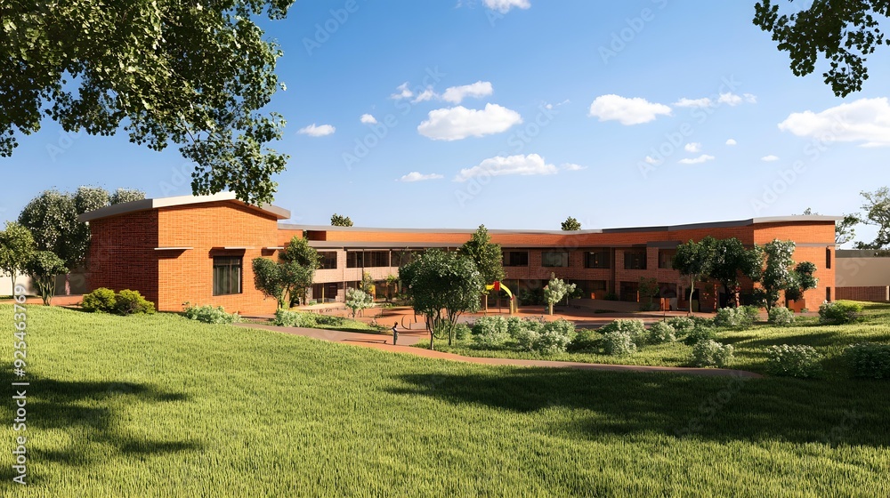 Modern Brick School Building with Green Grass and Trees Modern Brick School Building with Green Grass and Trees
