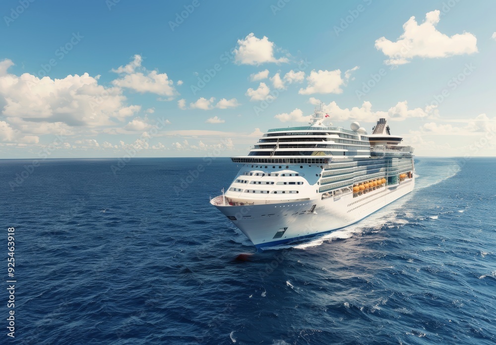 Naklejka premium Luxury Cruise Ship Sailing Through Clear Blue Ocean During Bright Daylight