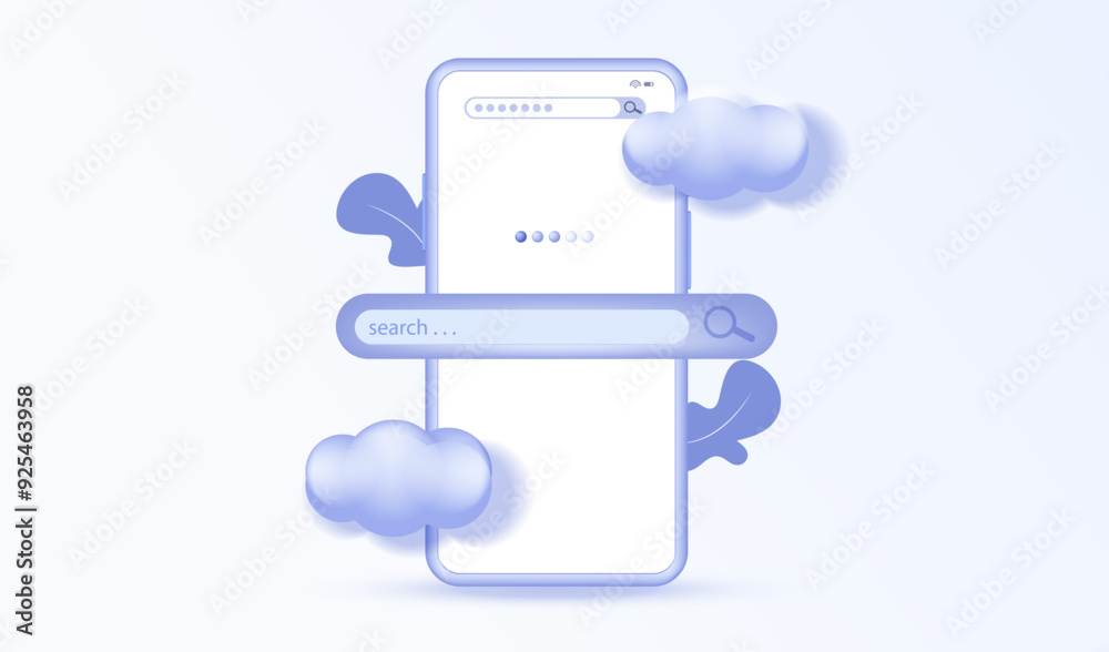 Fototapeta premium Phone search engine. Smartphone with search bar background. Mobile phone with search window. Cartoon web interface with 3d clouds and plants. Finding information online concept. Vector illustration.