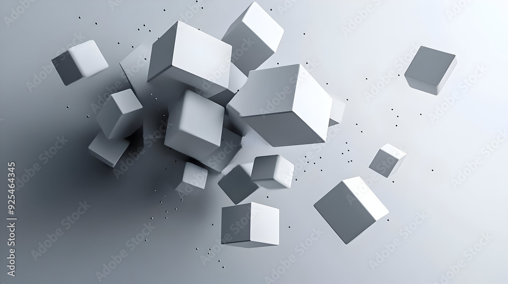 Abstract composition of floating white cubes against a minimalist background. Abstract composition of floating white cubes against a minimalist background.