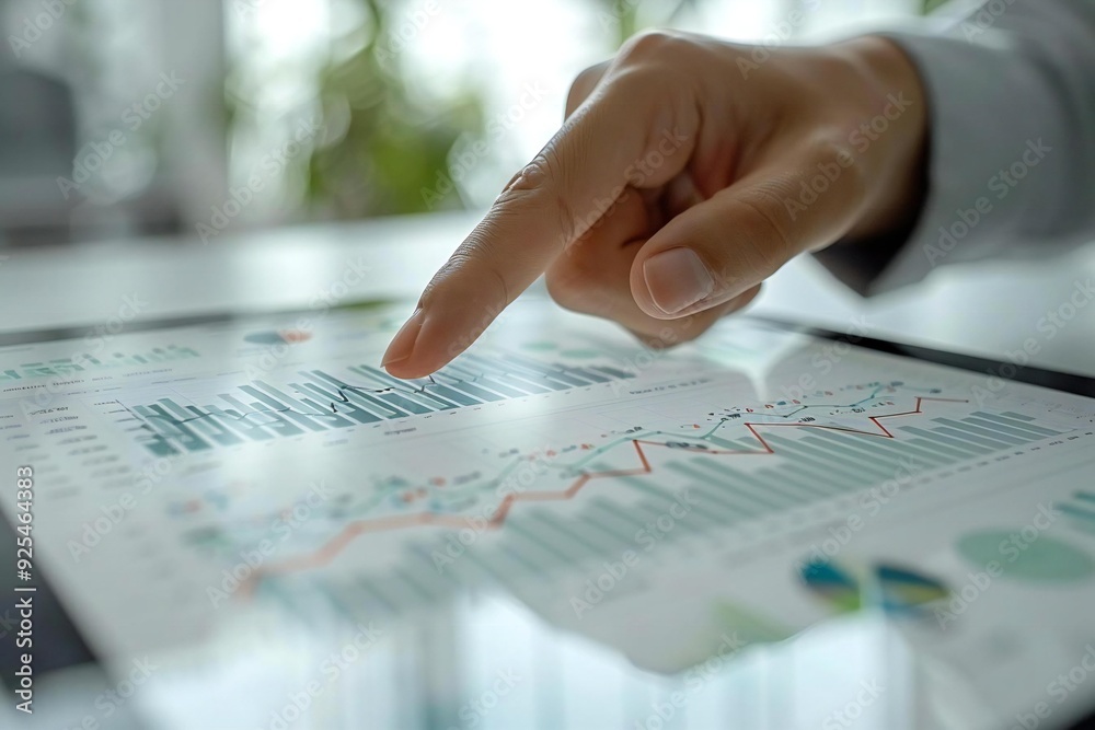 close-up shot of a person's hand pointing on a graph displayed on a tablet, with a white background emphasizing analytics and business insights.