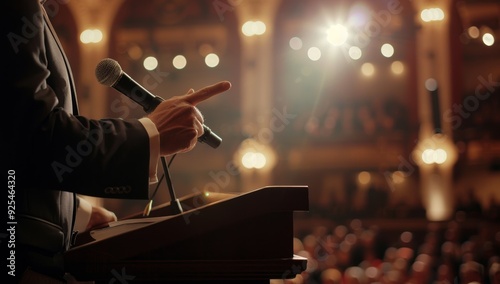 Man with microphone on tribune. Candidate on podium, politician speaker on podium. President or leaders audience. Government oratory spokesman gesture on senate or lecture