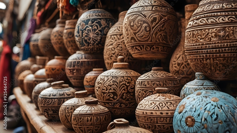 Close-up of handicrafts in the market with traditional motifs

