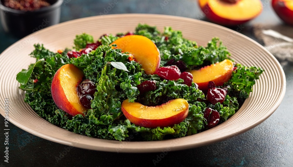 Crisp kale mingles with juicy peaches, plump raisins, and tangy dry cranberries in a refreshing, vibrant salad, drizzled with zesty citrus dressing. Crisp kale mingles with juicy peaches, plump raisins, and tangy dry cranberries in a refreshing, vibrant salad, drizzled with zesty citrus dressing.