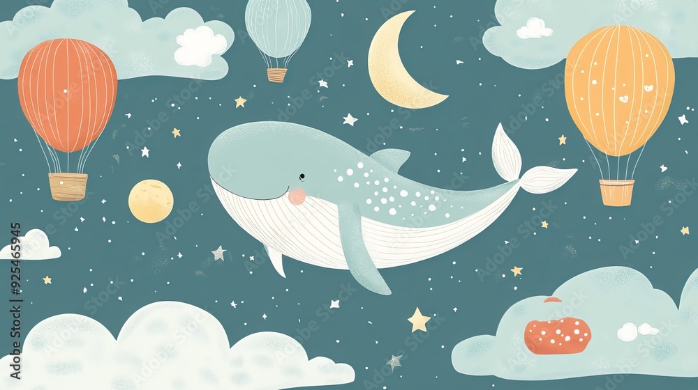 A vector illustration in style featuring a hand-drawn, colorful, cute whale in the sky with air balloons, clouds, and the moon. Perfect for kids' wallpaper, baby room design A vector illustration in style featuring a hand-drawn, colorful, cute whale in the sky with air balloons, clouds, and the moon. Perfect for kids' wallpaper, baby room design