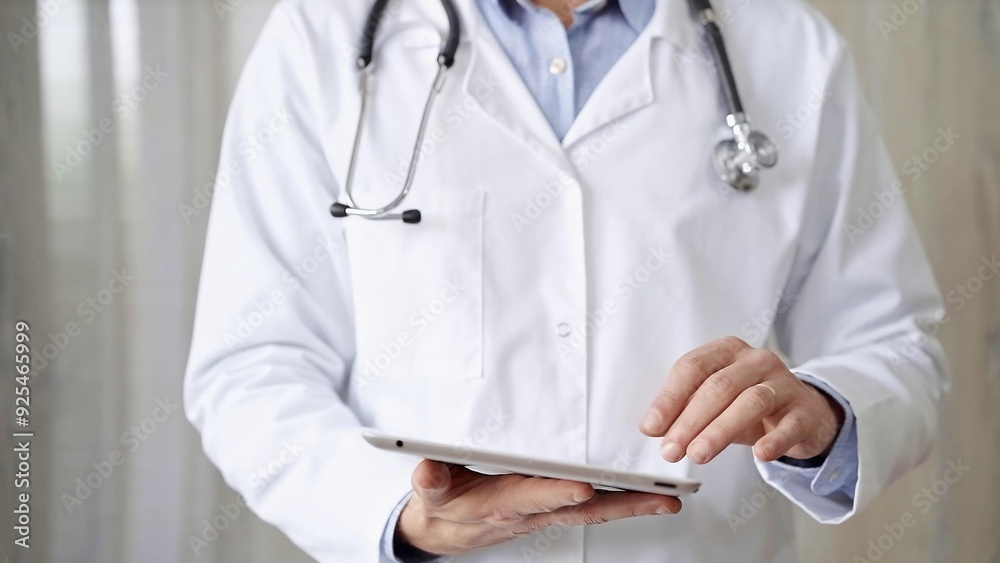 Doctor man with stethoscope using tablet computer in hospital. Medicine and science concepts Doctor man with stethoscope using tablet computer in hospital. Medicine and science concepts