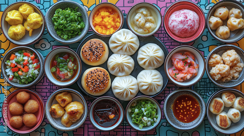 Assorted Chinese dim sum with various dumplings, buns, and dipping sauces on colorful background
Assorted Chinese dim sum with various dumplings, buns, and dipping sauces on colorful background