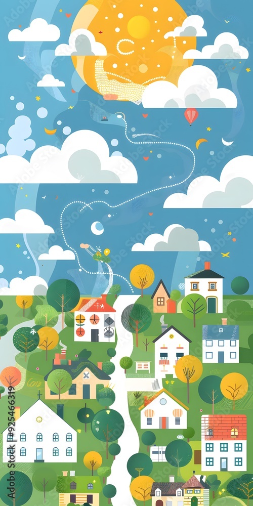Colorful Illustration of a Small Town with Houses and Trees Colorful Illustration of a Small Town with Houses and Trees
