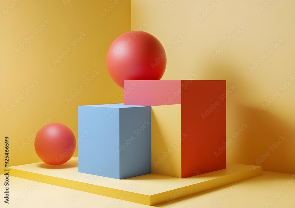 Abstract Minimalist 3D Render of Spheres and Cubes on Yellow Background Abstract Minimalist 3D Render of Spheres and Cubes on Yellow Background