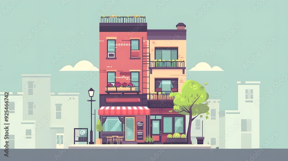 Cute Flat Style Illustration of a City Building with a Cafe Cute Flat Style Illustration of a City Building with a Cafe