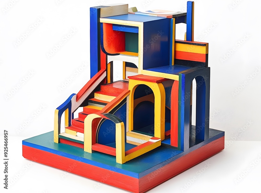 Abstract Wooden Sculpture with Colorful Geometric Shapes Abstract Wooden Sculpture with Colorful Geometric Shapes