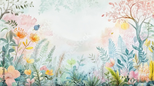 Bright and colorful baby wallpaper featuring a drawn children's book illustration. Suitable for cards, postcards, wallpaper, photo wallpaper