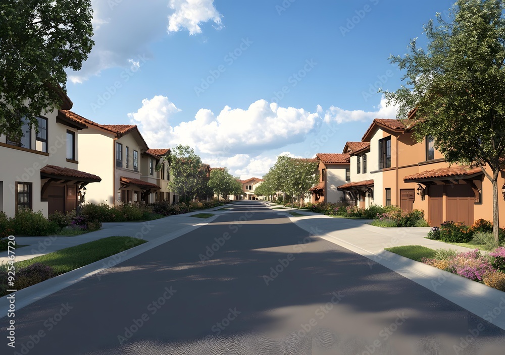 Suburban Neighborhood Street View with Row Houses and Trees Suburban Neighborhood Street View with Row Houses and Trees