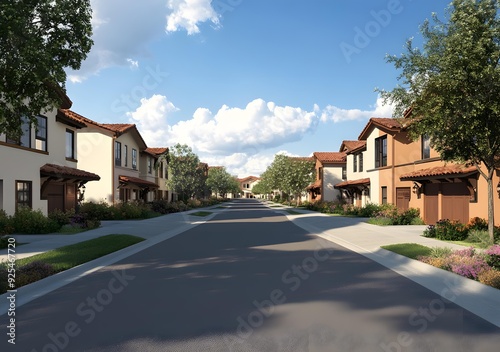Suburban Neighborhood Street View with Row Houses and Trees
