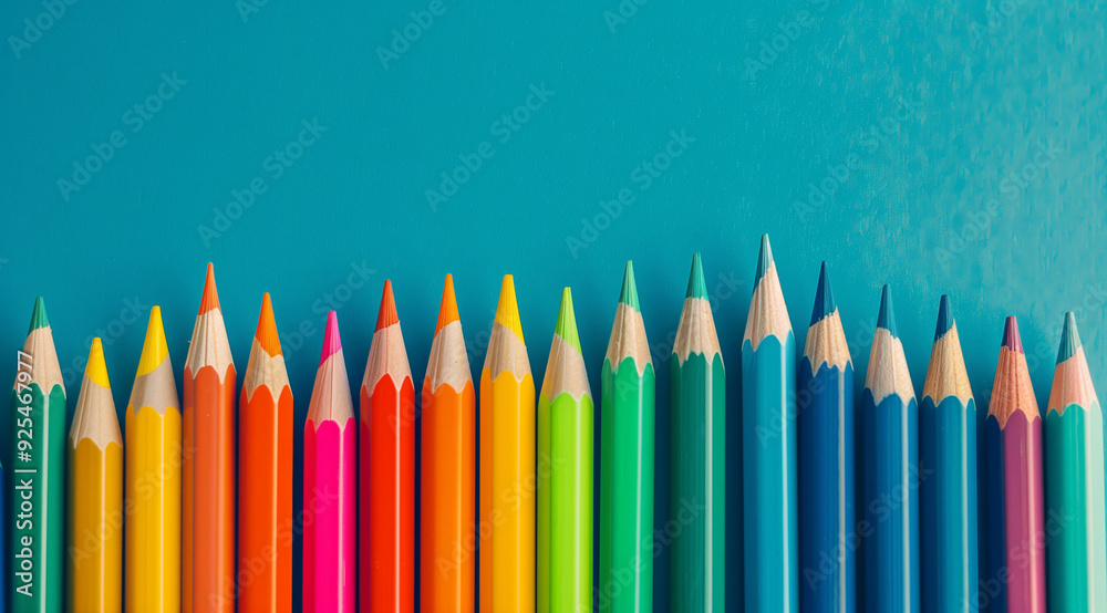 Close-up of colorful pencils stacked together on a blue background Close-up of colorful pencils stacked together on a blue background