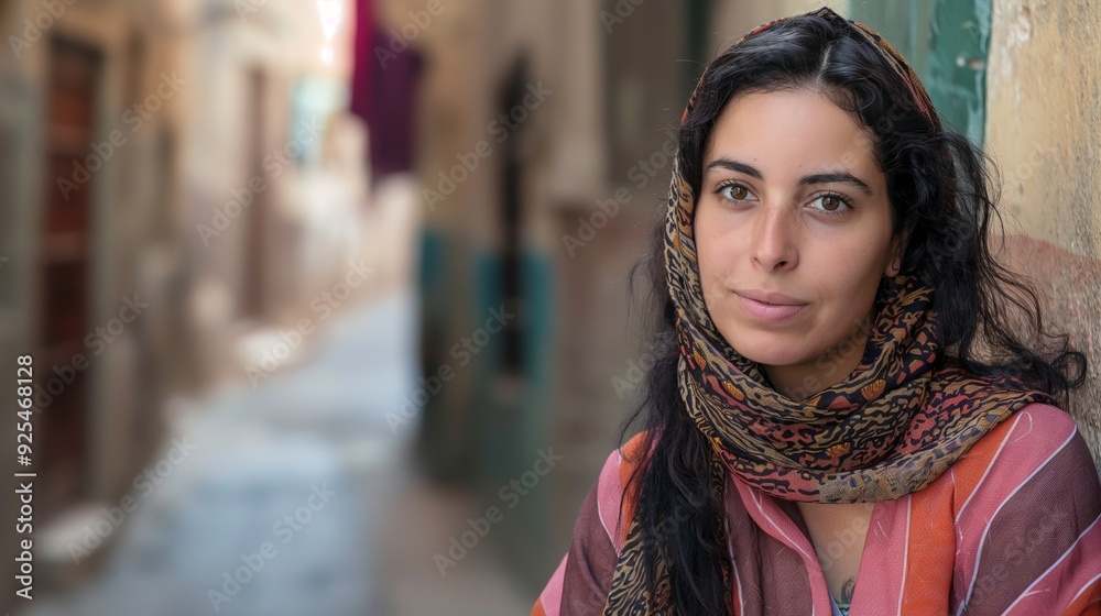 A young woman donned in a traditional headscarf, looking calm and composed, stands in a narrow alleyway with worn buildings in the background. A young woman donned in a traditional headscarf, looking calm and composed, stands in a narrow alleyway with worn buildings in the background.