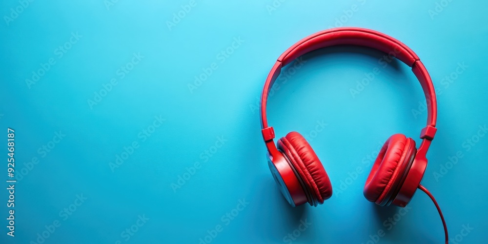 Red headphones on blue background representing passion for music, passion, music, headphones, red, blue, background Red headphones on blue background representing passion for music, passion, music, headphones, red, blue, background