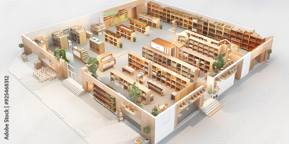 3D Illustration of a Wooden Grocery Store Interior Design 3D Illustration of a Wooden Grocery Store Interior Design
