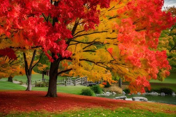 Beautiful autumn landscape with. Colorful foliage in the park. Falling leaves natural background fall orange and yellow leaf tree colorful nature wallpaper decoration, season environment clean concept