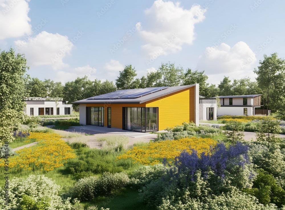 Modern Yellow House With Solar Panels in the Garden Modern Yellow House With Solar Panels in the Garden