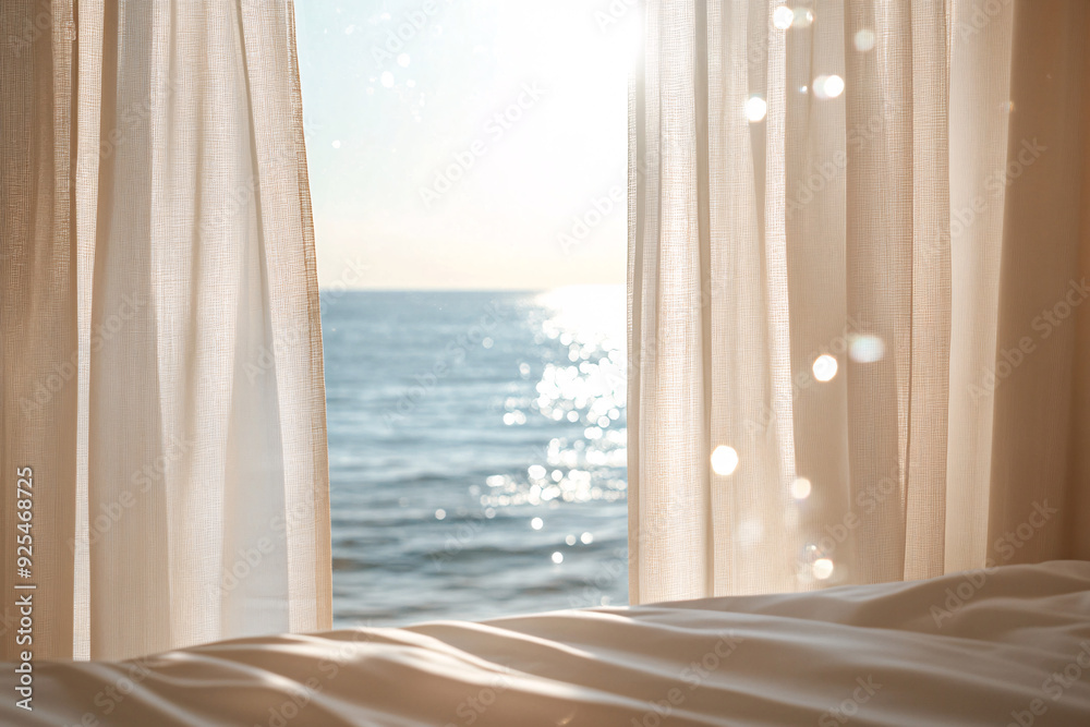 beautiful sparkling ocean view seen through soft, flowing curtains creating a tranquil and serene environment beautiful sparkling ocean view seen through soft, flowing curtains creating a tranquil and serene environment