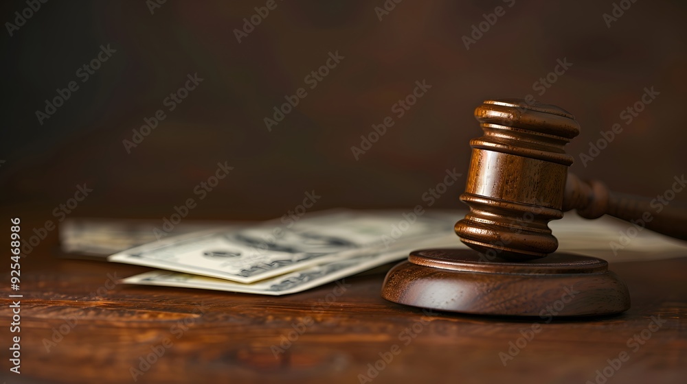 A crisp, full ultra HD photograph featuring a close-up of a wooden gavel and dollar bills on a brown table, with a blurred dark brown background. The image should have clear copy space for text. A crisp, full ultra HD photograph featuring a close-up of a wooden gavel and dollar bills on a brown table, with a blurred dark brown background. The image should have clear copy space for text.