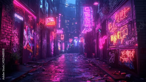Neon-lit cyberpunk alley with graffiti - generative ai