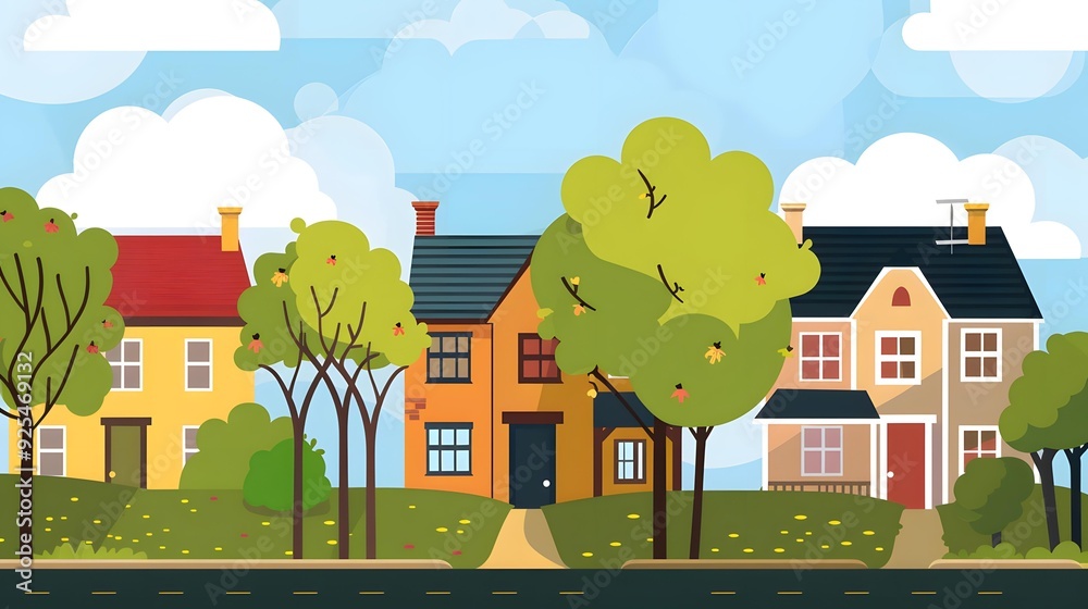 Naklejka premium Suburban Houses With Green Trees And Blue Sky