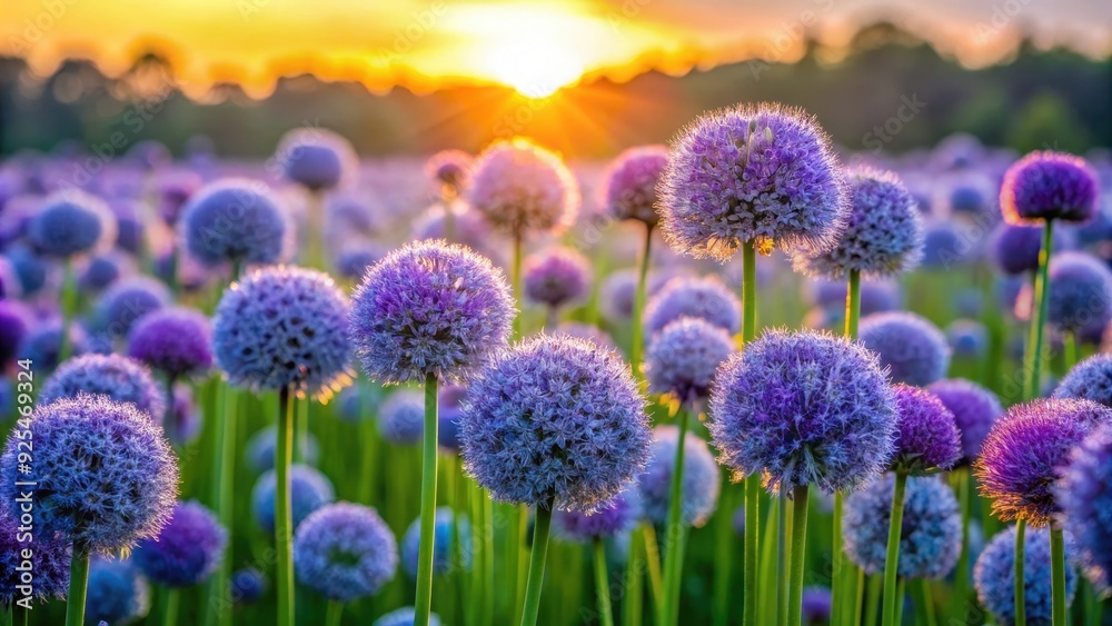 Obraz premium Field of round Allium caeruleum flowers at sunset, Allium caeruleum, flowers, round, fluffy, yellow, warm, sunset, nature