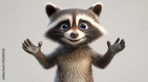 A cartoon raccoon with a big smile on its face. The raccoon is holding its paws up in a welcoming gesture