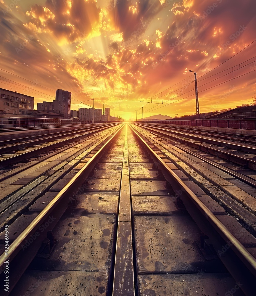 Fototapeta premium Railway Tracks Leading To Sunset