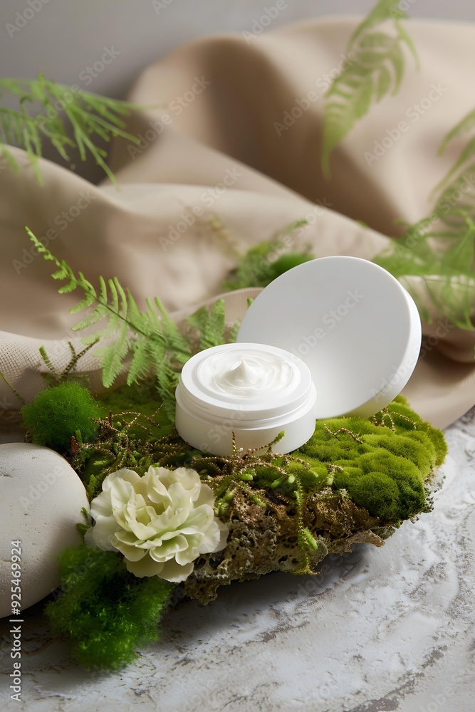 Natural Green Background with White Cream Jar