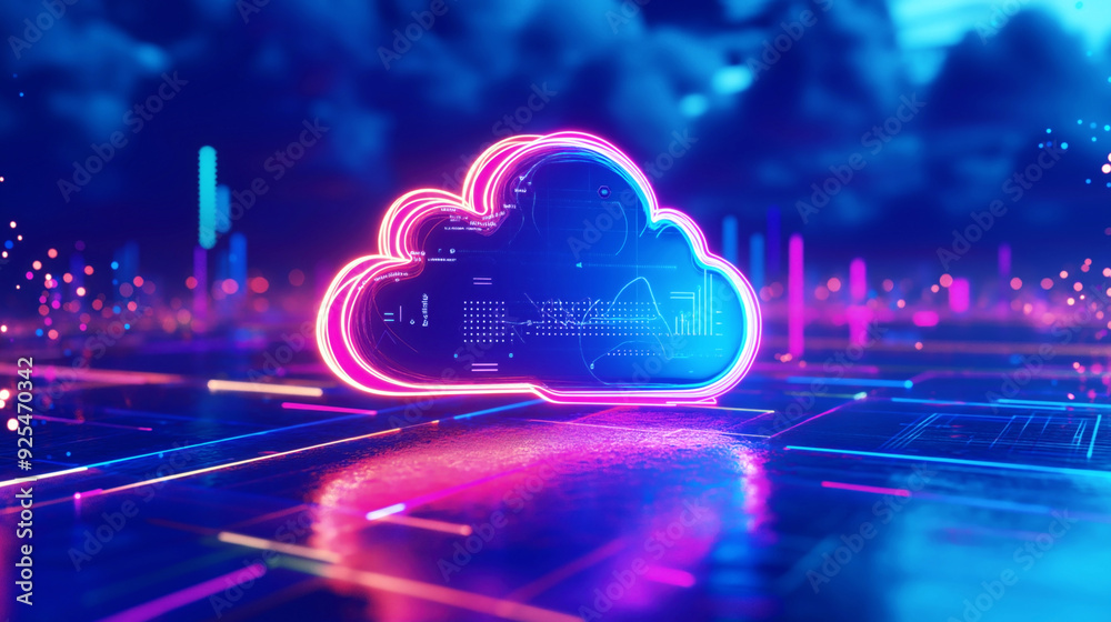 Futuristic neon cloud computing concept with abstract data and technology elements. Digital cloud symbol glowing brightly in a high-tech virtual environment. Futuristic neon cloud computing concept with abstract data and technology elements. Digital cloud symbol glowing brightly in a high-tech virtual environment.