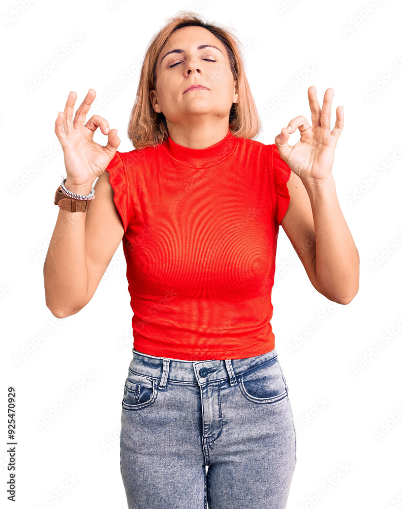 Φωτογραφία Young blonde woman wearing casual clothes relax and smiling with eyes closed doing meditation gesture with fingers