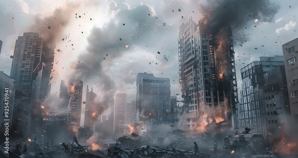 An explosion in an urban area with debris flying, damaged buildings, and tanks present An explosion in an urban area with debris flying, damaged buildings, and tanks present