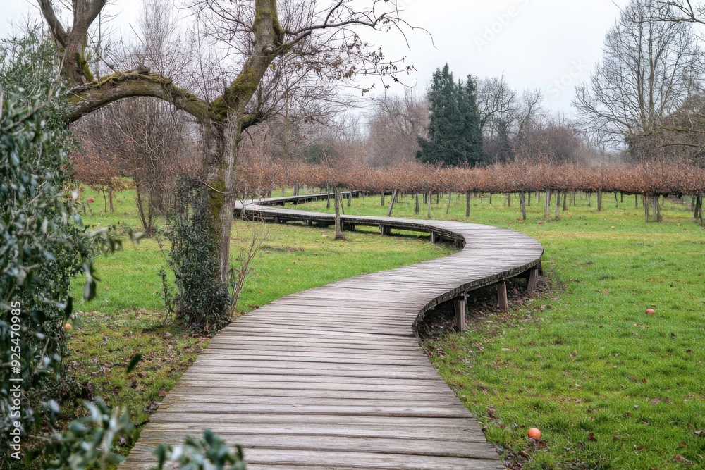 A winding wooden path through a tranquil park with bare trees and green grass. A winding wooden path through a tranquil park with bare trees and green grass.