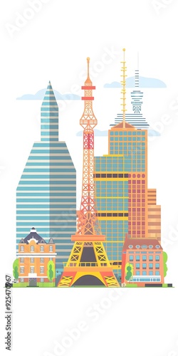 Cartoon Illustration of a Cityscape with Buildings and a Tower