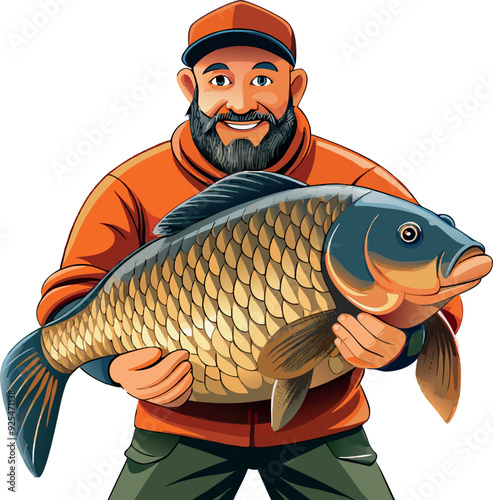 Happy fisherman is holding a huge carp fish