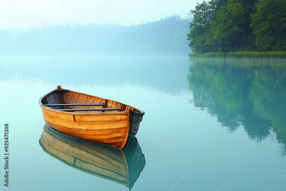 Serene Lake with Wooden Rowboat and Misty Morning Serene Lake with Wooden Rowboat and Misty Morning
