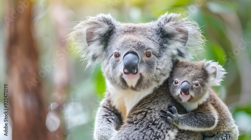 A mother koala hugs her baby koala tightly, looking directly at the camera.