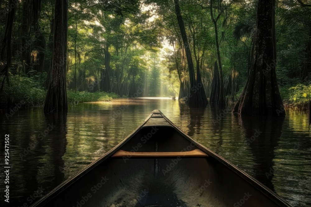 Fototapeta premium Atmospheric view of a canoe gliding through a tranquil, sunlit forest waterway.